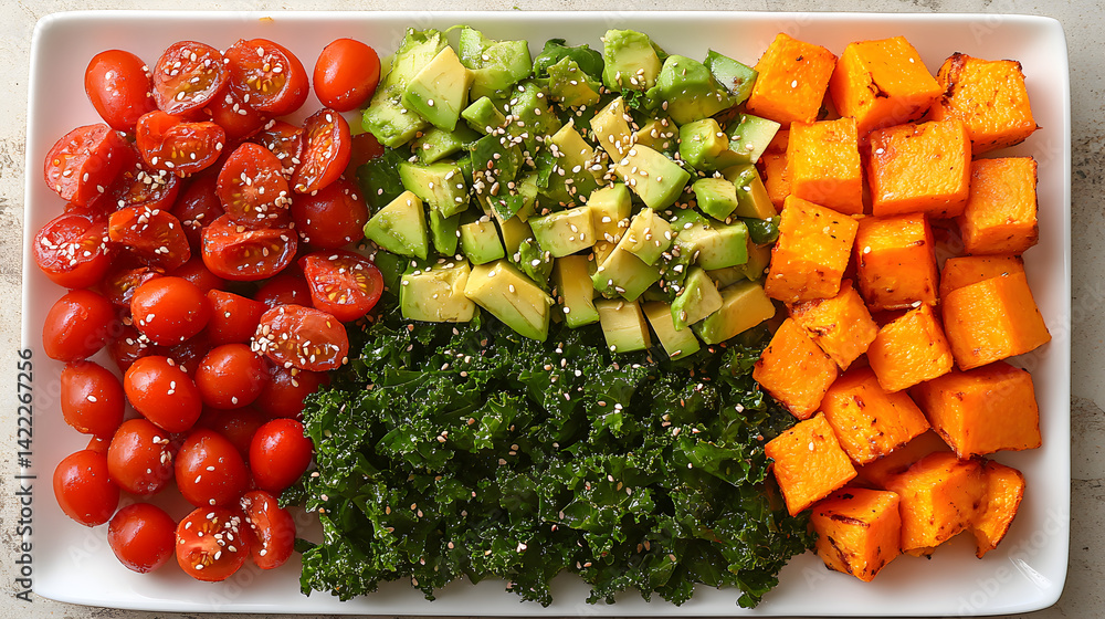 Vibrant assortment of superfoods laid out on a white plate: kale, avocado, roasted sweet potato, cherry tomatoes, and a sprinkle of sesame seeds, with an overhead shot and natural lighting