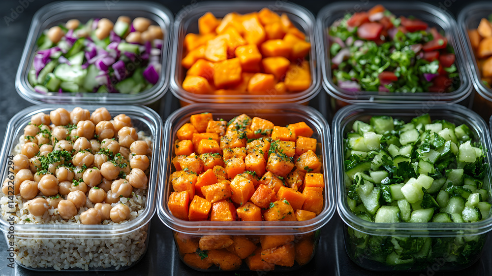 Overhead shot of healthy meal prep containers arranged in rows, each filled with a vibrant salad, brown rice, chickpeas, and roasted sweet potatoes, clean and minimalistic kitchen background