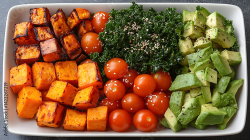 Obraz na płótnie Vibrant assortment of superfoods laid out on a white plate: kale, avocado, roasted sweet potato, cherry tomatoes, and a sprinkle of sesame seeds, with an overhead shot and natural lighting w salonie