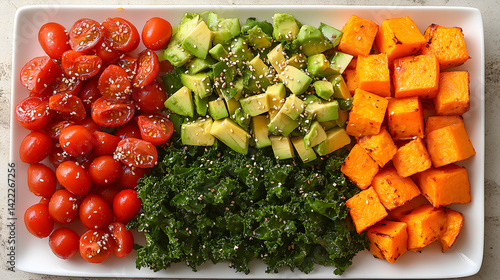 Vibrant assortment of superfoods laid out on a white plate: kale, avocado, roasted sweet potato, cherry tomatoes, and a sprinkle of sesame seeds, with an overhead shot and natural lighting