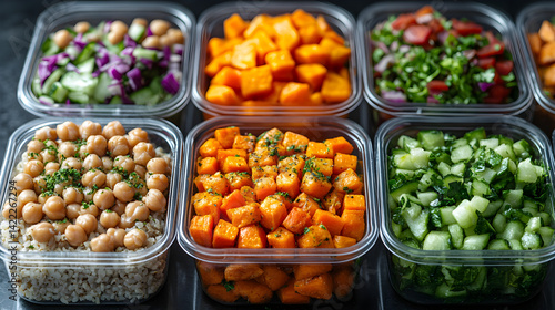 Obraz na płótnie Overhead shot of healthy meal prep containers arranged in rows, each filled with a vibrant salad, brown rice, chickpeas, and roasted sweet potatoes, clean and minimalistic kitchen background w salonie