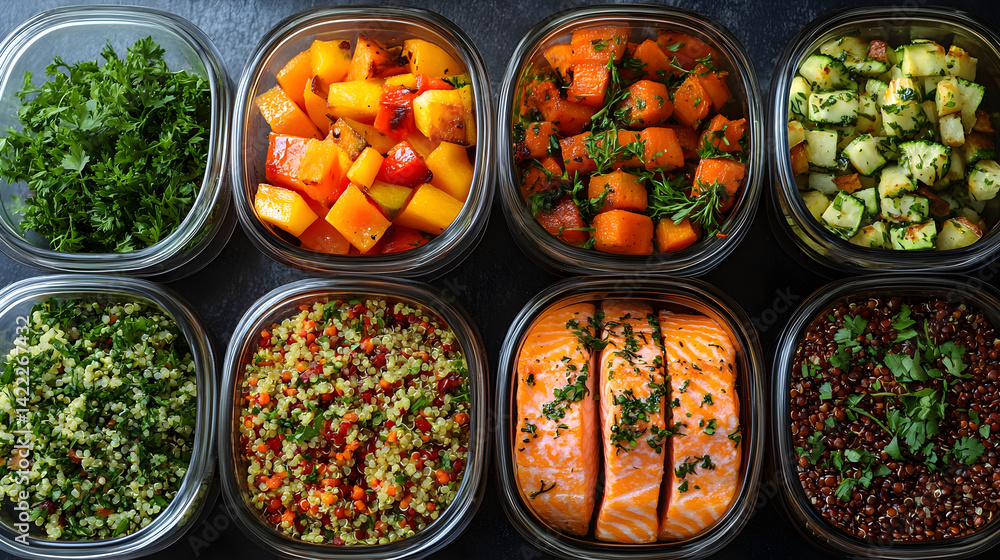Wide shot of a modern kitchen with neatly organized meal prep containers filled with healthy dishes like grilled salmon, roasted vegetables, and quinoa, with fresh herbs and spices scattered around