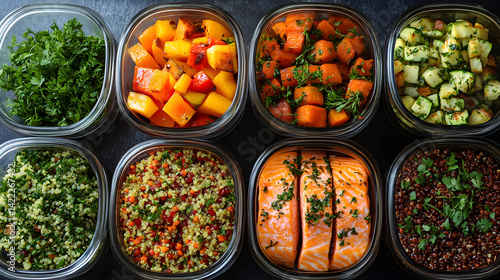 Obraz na płótnie Wide shot of a modern kitchen with neatly organized meal prep containers filled with healthy dishes like grilled salmon, roasted vegetables, and quinoa, with fresh herbs and spices scattered around w salonie