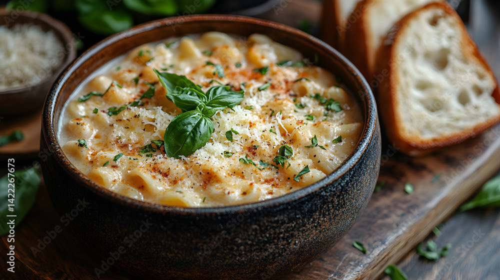 Overhead shot of a rustic wooden table with a hearty bowl of pasta, topped with grated parmesan, basil leaves, and a side of garlic bread, warm lighting and a cozy atmosphere