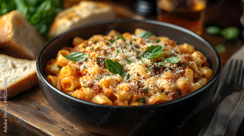Overhead shot of a rustic wooden table with a hearty bowl of pasta, topped with grated parmesan, basil leaves, and a side of garlic bread, warm lighting and a cozy atmosphere