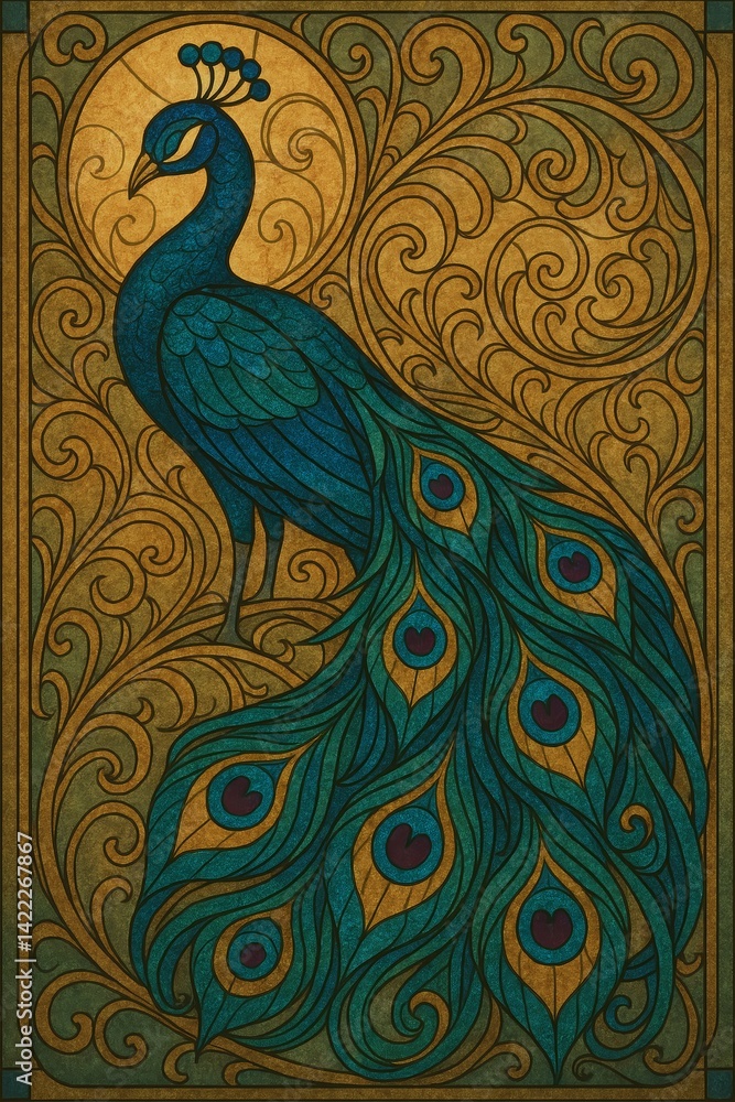 Fototapeta premium Art Nouveau peacock displaying elegant plumage against ornate background 