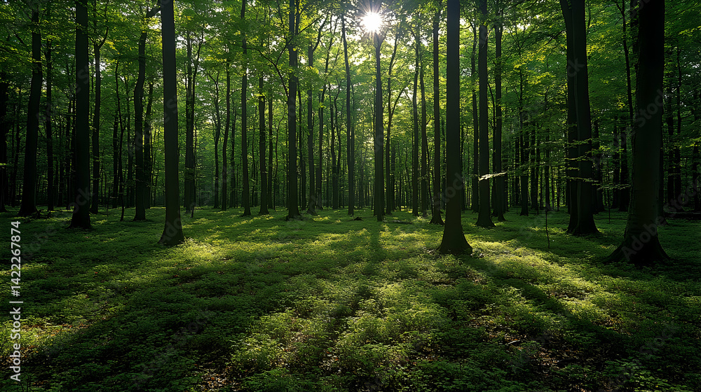 Obraz premium Dense forest with tall trees and a carpet of green undergrowth sunlight streaming through