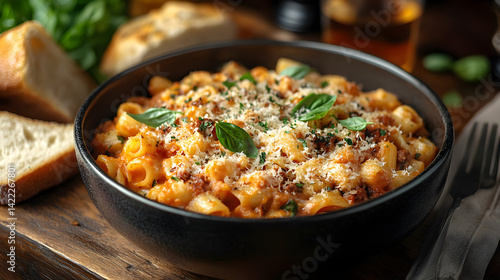 Obraz na płótnie Overhead shot of a rustic wooden table with a hearty bowl of pasta, topped with grated parmesan, basil leaves, and a side of garlic bread, warm lighting and a cozy atmosphere w salonie