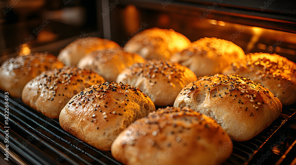 Wide shot of an open oven with golden, freshly baked loaves of bread, resting on cooling racks in a cozy kitchen with warm lighting and a rustic vibe