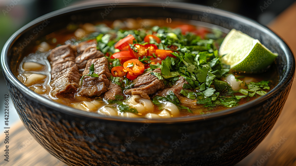 Wide shot of a vibrant Vietnamese pho bowl, filled with broth, rice noodles, fresh herbs, and sliced beef, garnished with lime and chili, set in a cozy restaurant atmosphere