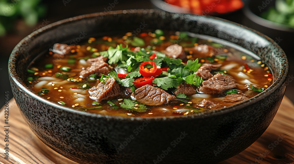 Wide shot of a vibrant Vietnamese pho bowl, filled with broth, rice noodles, fresh herbs, and sliced beef, garnished with lime and chili, set in a cozy restaurant atmosphere