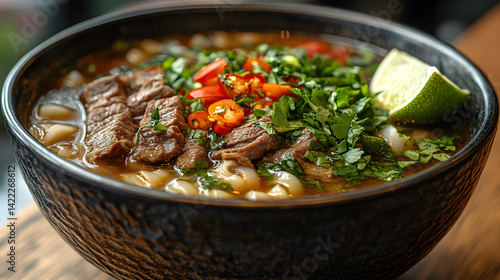 Obraz na płótnie Wide shot of a vibrant Vietnamese pho bowl, filled with broth, rice noodles, fresh herbs, and sliced beef, garnished with lime and chili, set in a cozy restaurant atmosphere w salonie