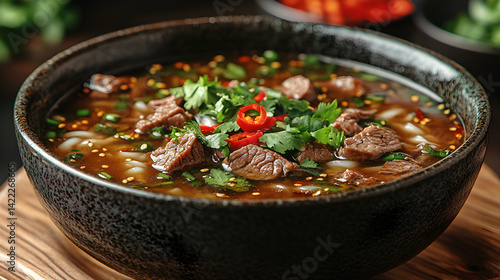 Obraz na płótnie Wide shot of a vibrant Vietnamese pho bowl, filled with broth, rice noodles, fresh herbs, and sliced beef, garnished with lime and chili, set in a cozy restaurant atmosphere w salonie