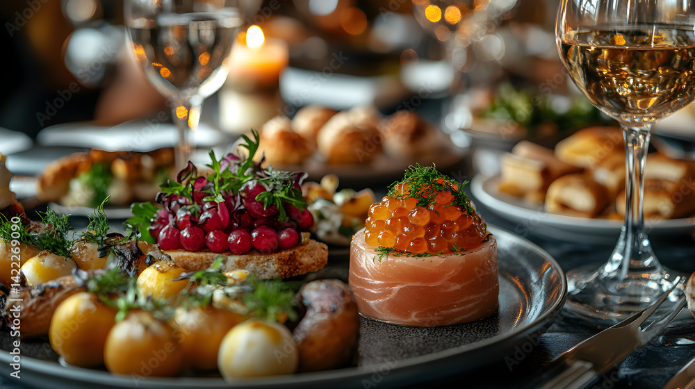 Overhead view of a tasting menu with an assortment of small, beautifully plated dishes: tuna tartare, foie gras mousse, and miniature desserts, served on a fine dining table with crystal glassware