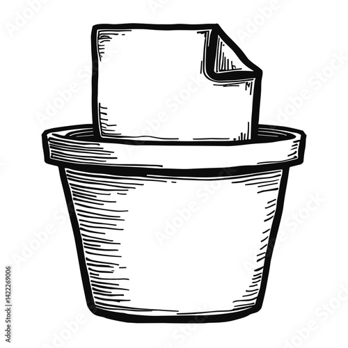 Hand-drawn paper in trash bin icon representing document deletion or clearing storage - concept of file removal UI waste management digital cleanup