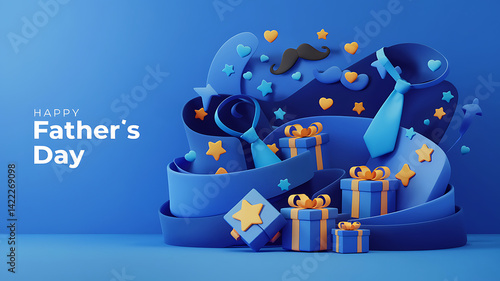 Wallpaper Mural Stylish festive Father's Day 3D art greeting card design featuring vibrant blue background decorated 3D paper-cut elements mustaches ties gift boxes stars hearts confetti for joyful celebration theme Torontodigital.ca