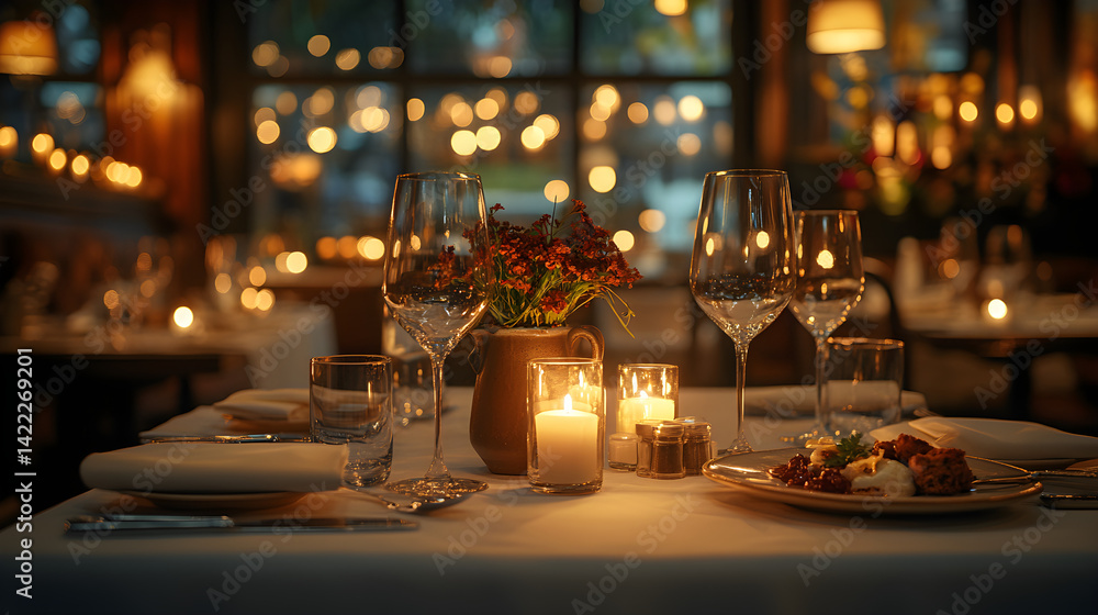Wide shot of a luxurious dining experience in an upscale restaurant, featuring a beautifully presented three-course meal