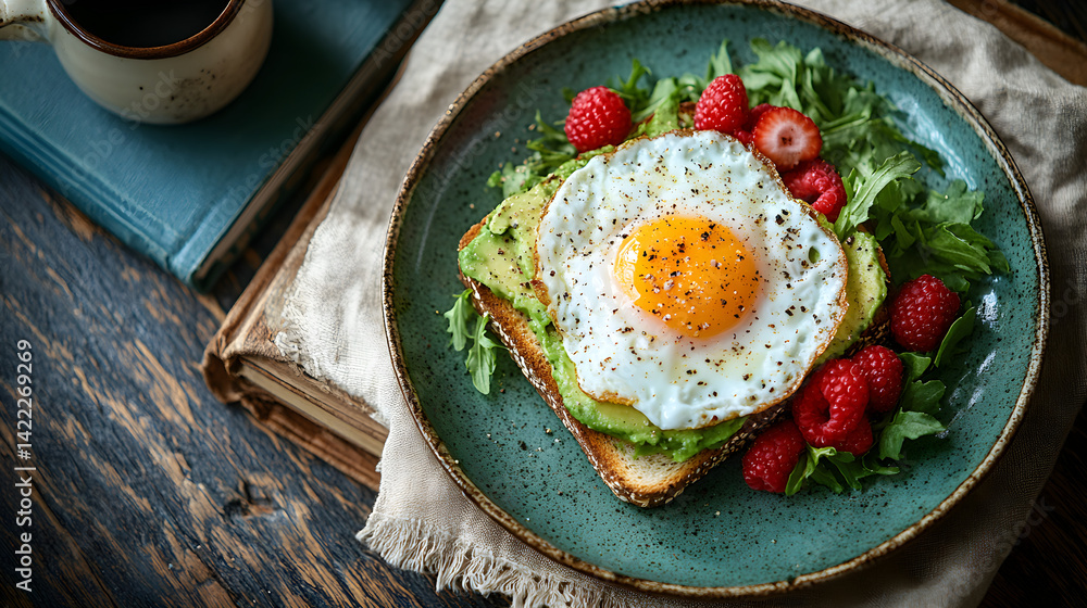 Overhead shot of a healthy brunch flatlay: avocado toast with poached eggs, fresh berries, and a cup of coffee
