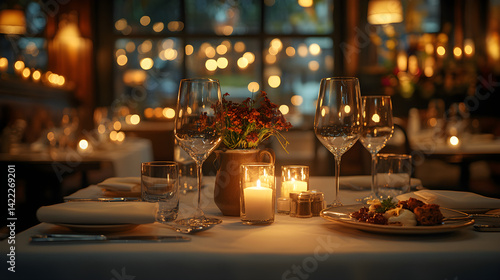 Obraz na płótnie Wide shot of a luxurious dining experience in an upscale restaurant, featuring a beautifully presented three-course meal w salonie