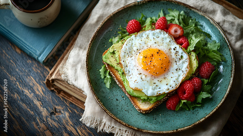 Obraz na płótnie Overhead shot of a healthy brunch flatlay: avocado toast with poached eggs, fresh berries, and a cup of coffee w salonie