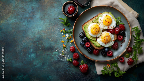 Obraz na płótnie Overhead shot of a healthy brunch flatlay: avocado toast with poached egg w salonie