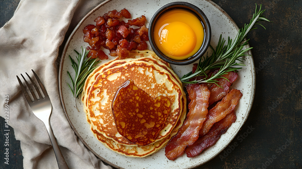 Overhead shot of a festive breakfast spread: pancakes with maple syrup, bacon, eggs