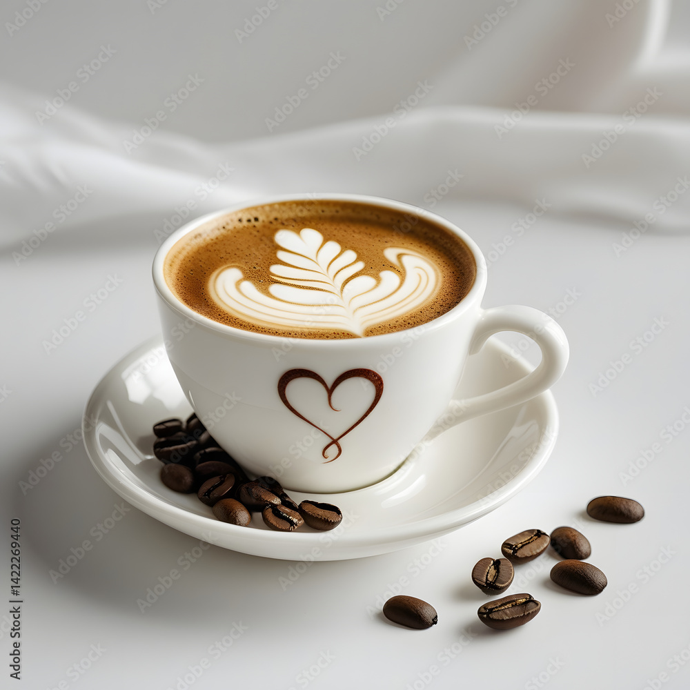 Close up white coffee cup with heart shape latte art on white background Close up white coffee cup with heart shape latte art on white background