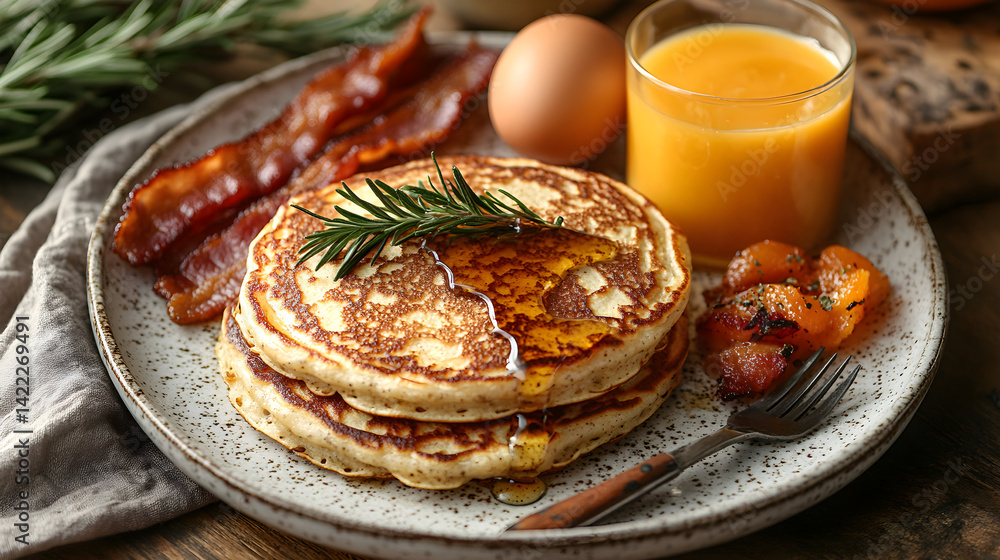 Overhead shot of a festive breakfast spread: pancakes with maple syrup, bacon, eggs, and a fresh orange juice,