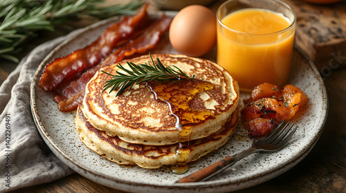 Obraz na płótnie Overhead shot of a festive breakfast spread: pancakes with maple syrup, bacon, eggs, and a fresh orange juice, w salonie
