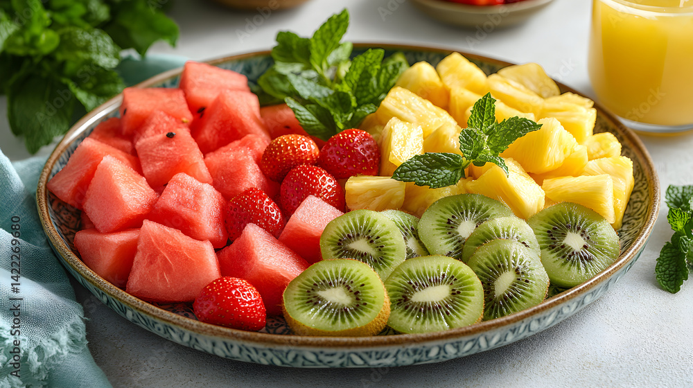 Overhead shot of a vibrant fruit platter with sliced watermelon, pineapple, strawberries, and kiwi, surrounded by fresh mint leaves