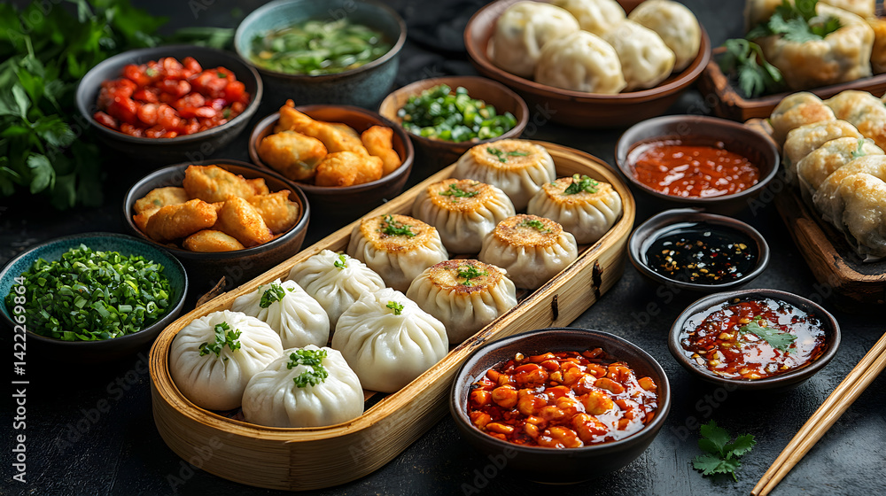 Overhead shot of a vibrant street food stall offering a selection of dumplings, bao buns, and spring rolls