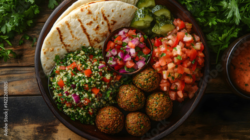 Obraz na płótnie Overhead view of a traditional street food dish of falafel balls, hummus, and tabbouleh, served in a pita wrap with a side of pickled vegetables, set on a wooden table with fresh herbs w salonie