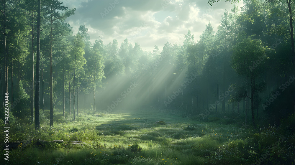 Fototapeta premium Sun rays filtering through tall trees in a serene green forest with a grassy clearing Mystical atmosphere with nature