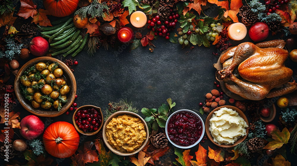 Overhead shot of a Thanksgiving dinner table with roasted turkey, mashed potatoes, cranberry sauce, green beans, and pumpkin pie, surrounded by autumn leaves and candlelight