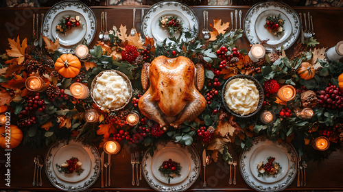 Obraz na płótnie Overhead shot of a Thanksgiving dinner table with roasted turkey, mashed potatoes, cranberry sauce, green beans, and pumpkin pie, surrounded by autumn leaves and candlelight w salonie