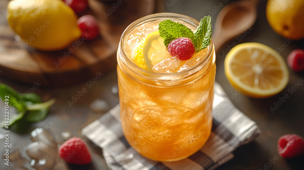 Overhead shot of a refreshing lemonade served in a mason jar with lemon slices, mint, and ice cubes, placed on a checkered cloth, surrounded by fresh fruit and a wooden spoon