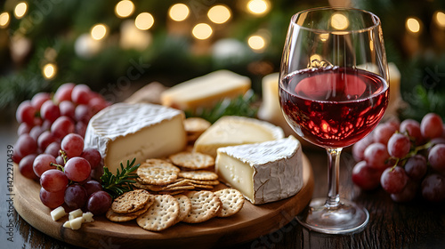 Obraz na płótnie Wide shot of a wine pairing scene, featuring a glass of red wine next to a cheese board with various cheeses, crackers, and grapes, with soft lighting and a cozy ambiance in the background w salonie