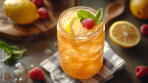Obraz na płótnie Overhead shot of a refreshing lemonade served in a mason jar with lemon slices, mint, and ice cubes, placed on a checkered cloth, surrounded by fresh fruit and a wooden spoon w salonie