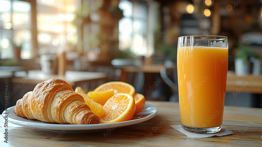 Wide shot of a brunch spread with a glass of fresh orange juice, a cup of coffee, and a mimosa, accompanied by croissants and fruit, set on a light wooden table in a bright café atmosphere