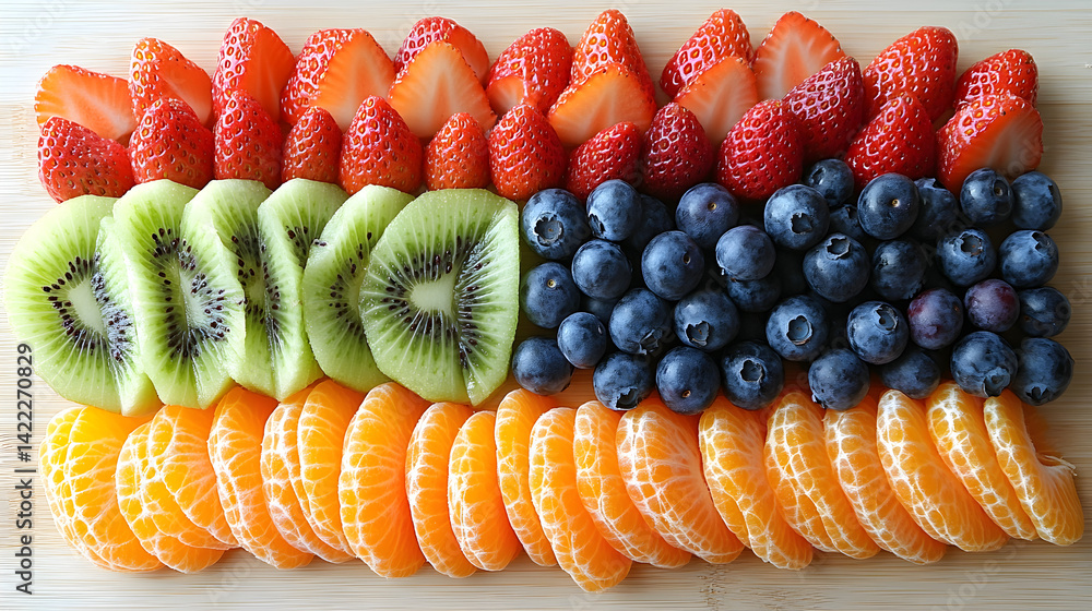 Overhead shot of a vibrant fruit flatlay: sliced kiwi, strawberries, blueberries, and orange segments arranged on a light wooden surface with soft, natural lighting, minimal props for a clean look