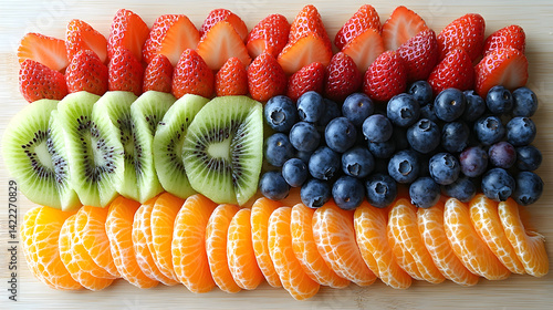 Obraz na płótnie Overhead shot of a vibrant fruit flatlay: sliced kiwi, strawberries, blueberries, and orange segments arranged on a light wooden surface with soft, natural lighting, minimal props for a clean look w salonie