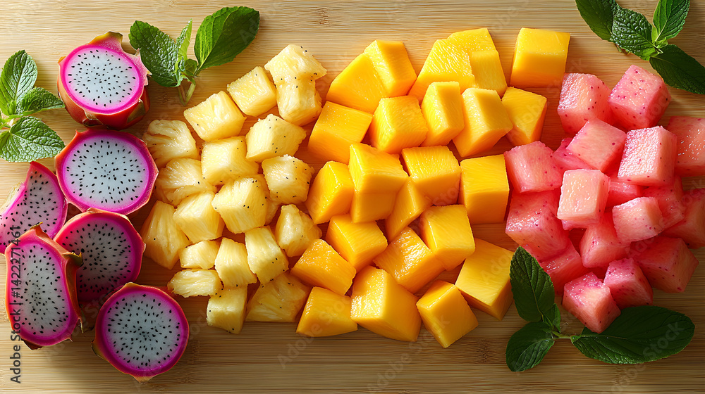 Overhead shot of a tropical fruit flatlay with halved mango, dragon fruit slices, and pineapple chunks, arranged on a light wooden surface with soft natural lighting and minimal props