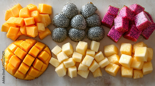 Overhead shot of a tropical fruit flatlay with halved mango, dragon fruit slices, and pineapple chunks, arranged on a light wooden surface with soft natural lighting and minimal props