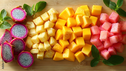 Obraz na płótnie Overhead shot of a tropical fruit flatlay with halved mango, dragon fruit slices, and pineapple chunks, arranged on a light wooden surface with soft natural lighting and minimal props w salonie