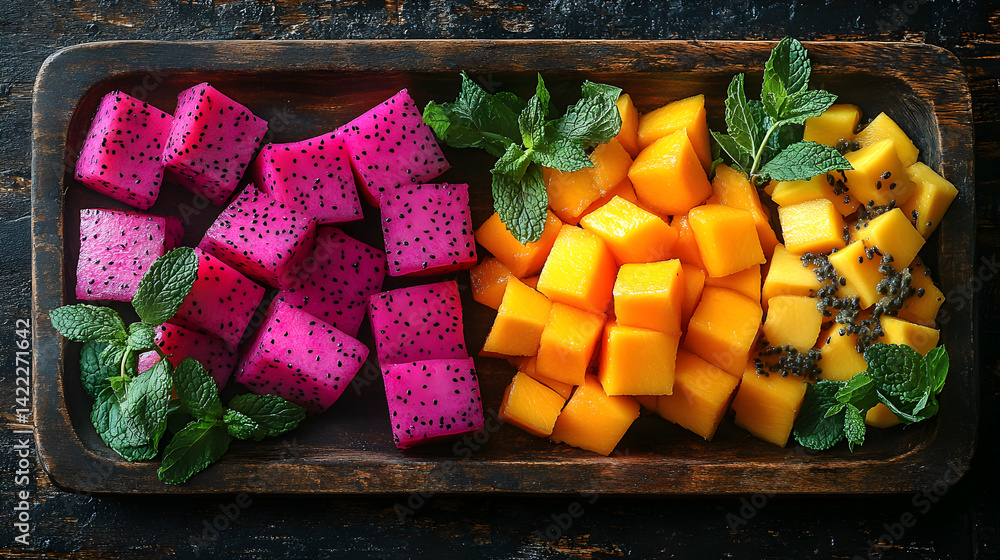 Overhead shot of vibrant tropical fruit arranged on a rustic wooden table: sliced dragon fruit, mango, and bright orange papaya, with a few mint leaves for extra freshness