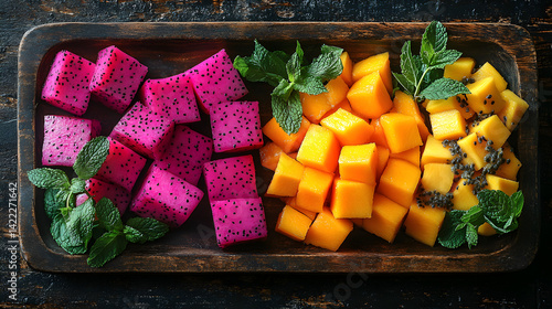 Obraz na płótnie Overhead shot of vibrant tropical fruit arranged on a rustic wooden table: sliced dragon fruit, mango, and bright orange papaya, with a few mint leaves for extra freshness w salonie