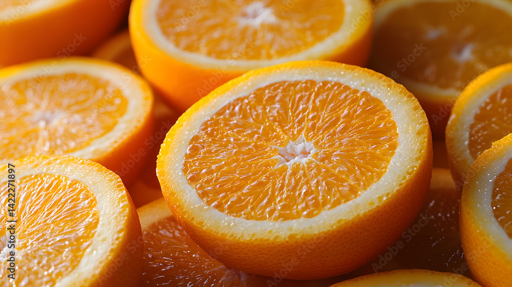 Overhead close-up of a fresh orange, sliced into neat rounds, with juicy segments visible and light reflecting off the fruit’s surface, set on a clean white background