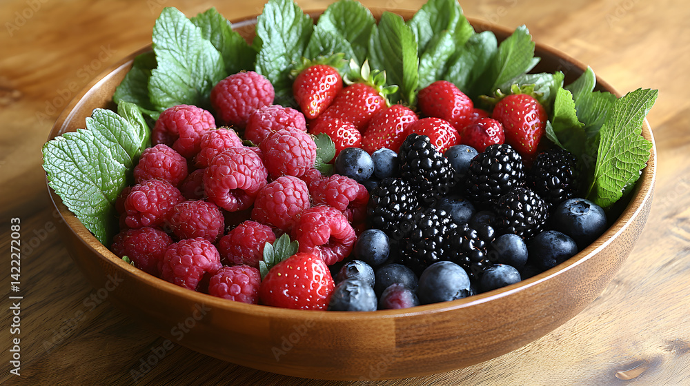 Overhead view of a wooden bowl filled with fresh mixed berries: strawberries, raspberries, blackberries, and blueberries, surrounded by green leaves, placed on a light wooden surface