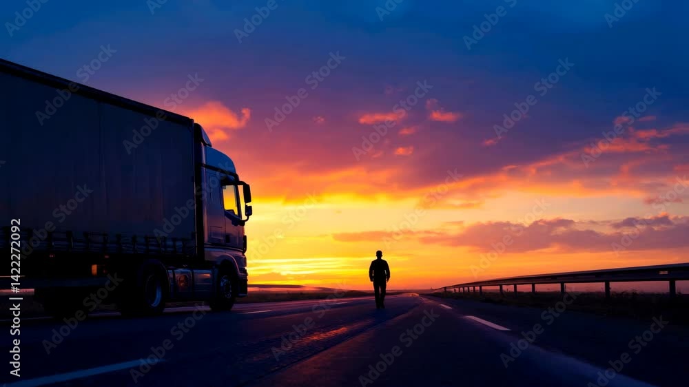 Silhouette of a man walking on the road near truck at sunset