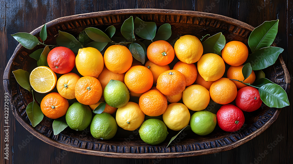 Overhead shot of a fruit basket filled with bright citrus fruits: oranges, lemons, and limes, with a few scattered leaves, placed on a textured wooden surface